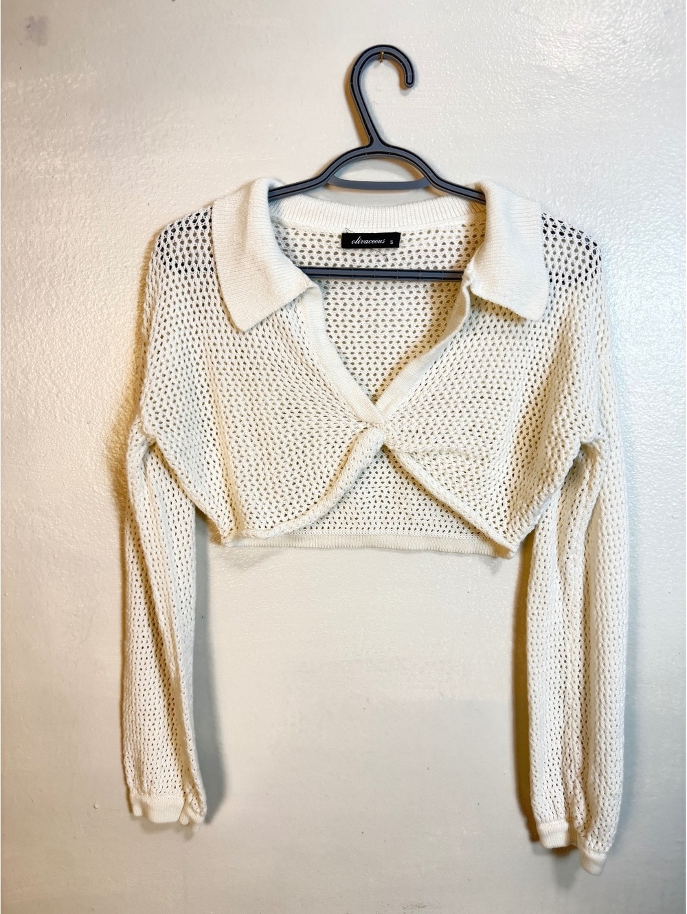 Olivaceous White Cropped Knit Sweater with Collar - Size S